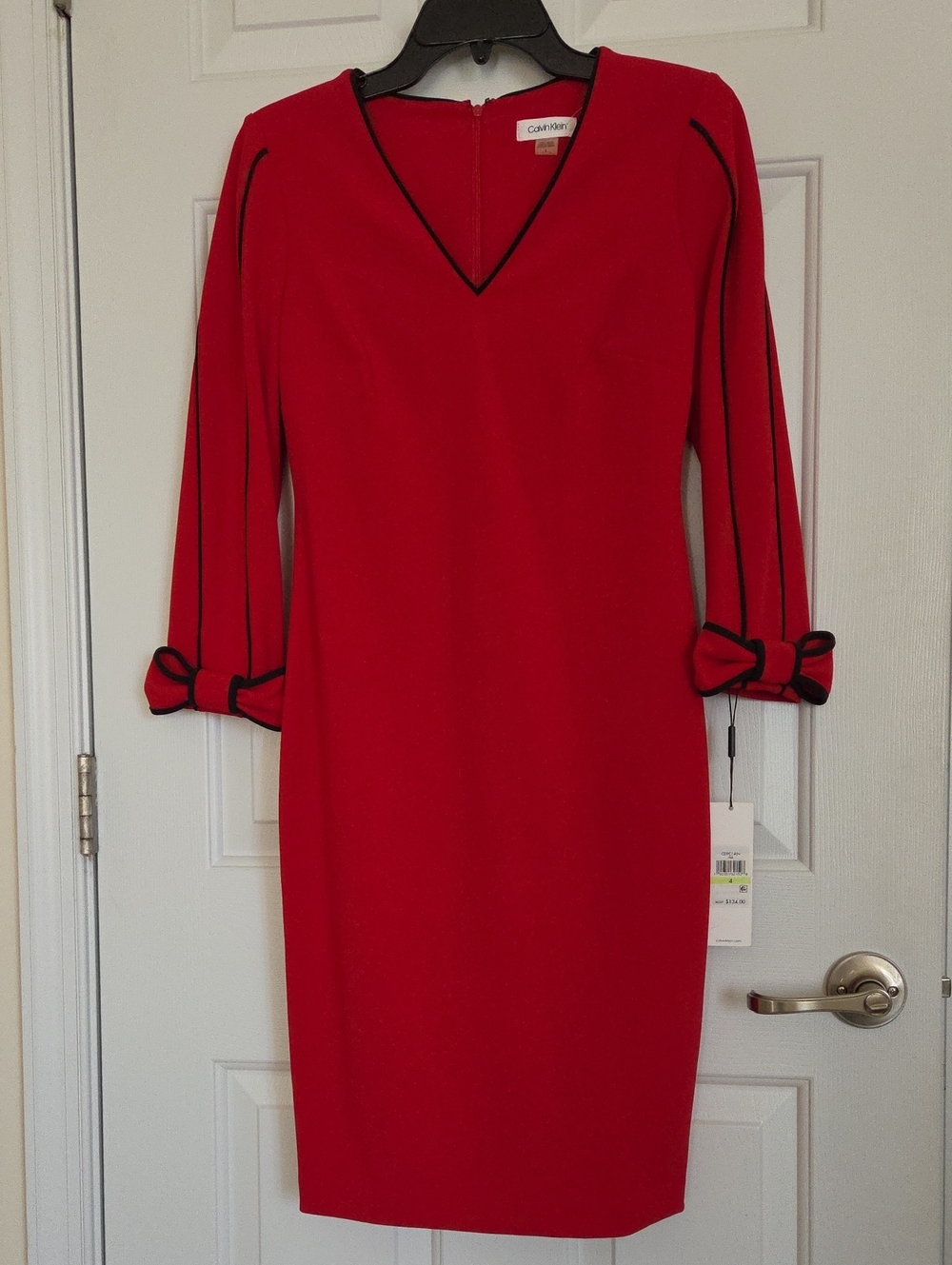 Calvin Klein Red V-Neck Sheath Dress with Black Trim and Bow Cuffs